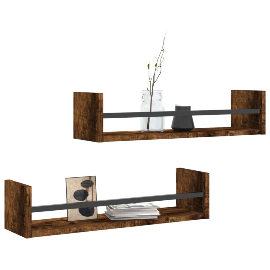 Wandschappen met stangen 2 st 60x16x14 cm gerookt eikenkleurig - Afbeelding 3