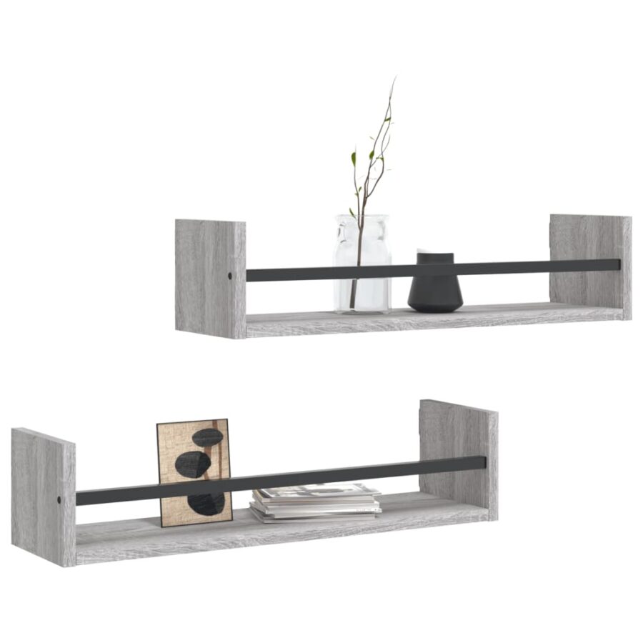 Wandschappen met stangen 2 st 60x16x14 cm grijs sonoma - Afbeelding 3