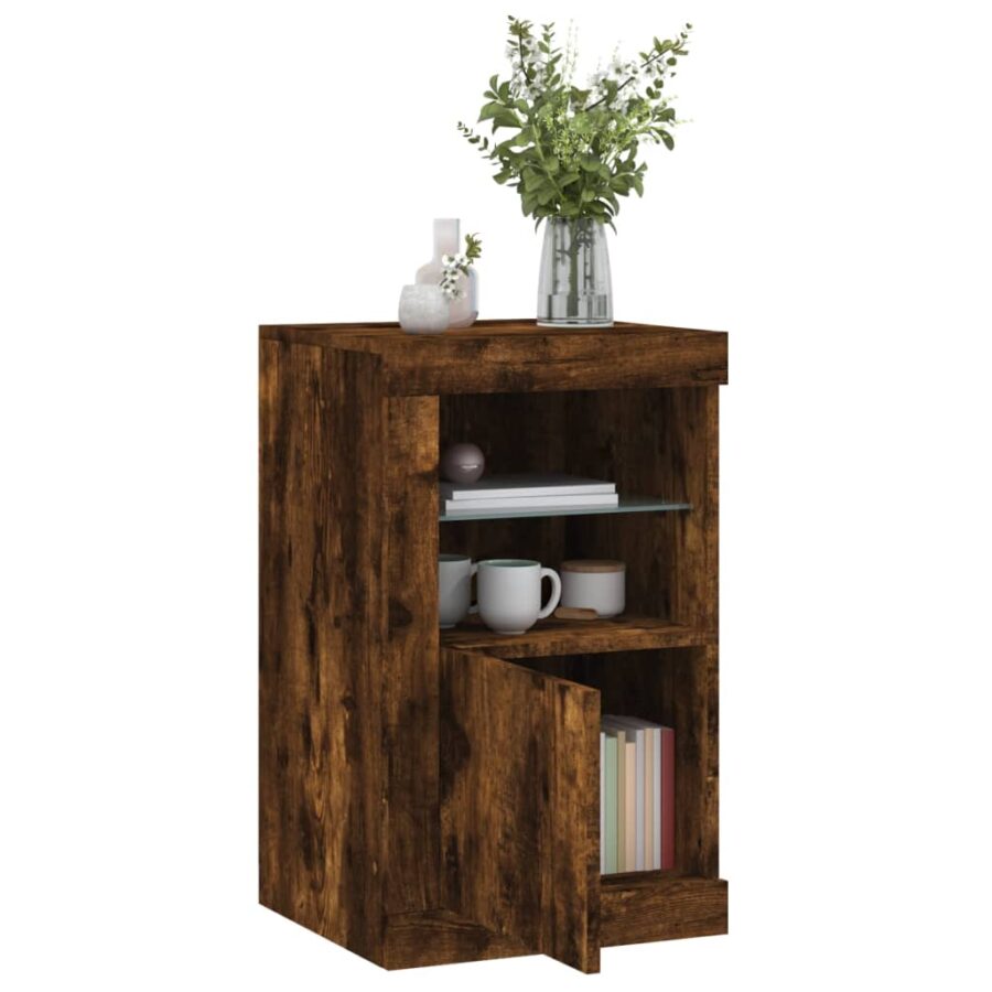 Bijzetkastjes met LED 2 st bewerkt hout gerookt eikenkleurig - Afbeelding 4