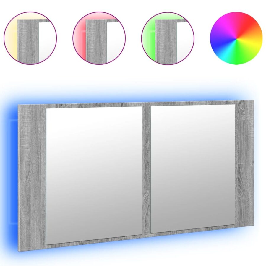 Badkamerkast met spiegel en LED 90x12x45 cm acryl grijs sonoma - Afbeelding 2