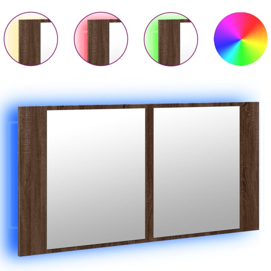 Badkamerkast met spiegel en LED 90x12x45 acryl bruineikenkleur - Afbeelding 2
