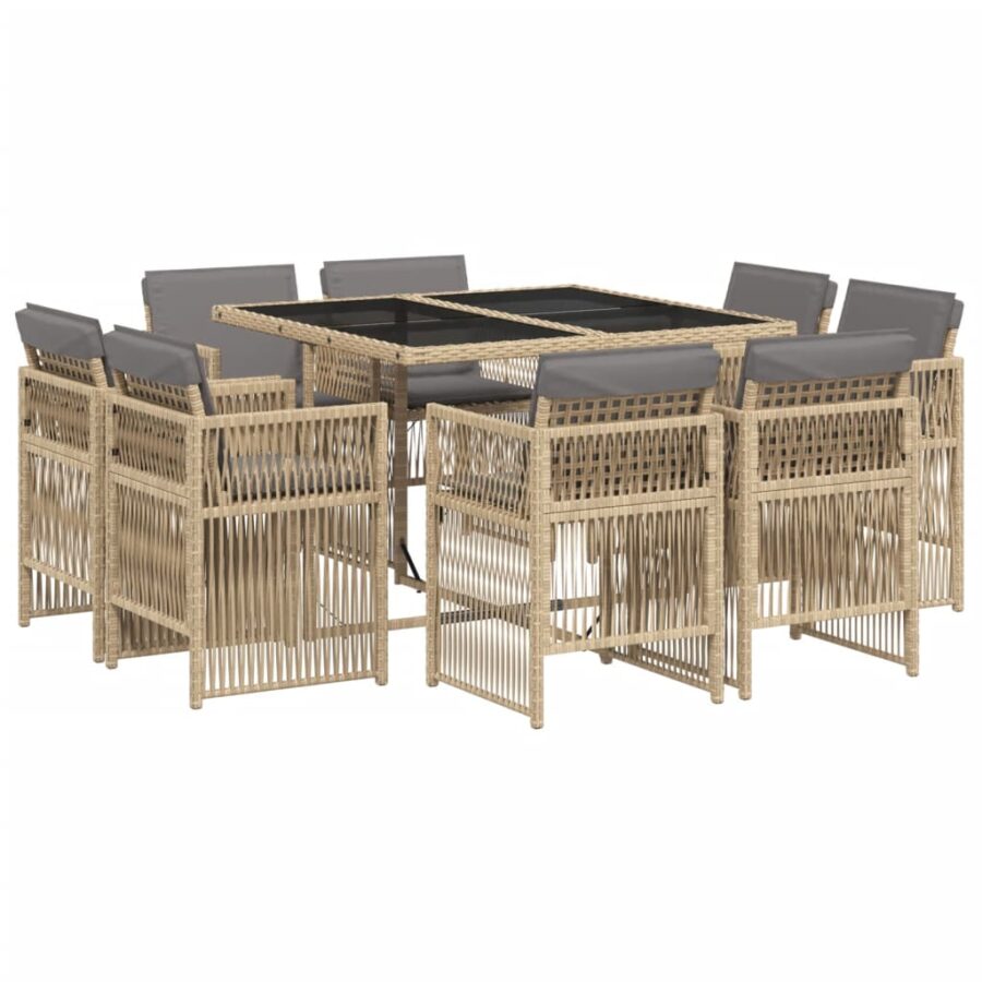 9-delige Tuinset met kussens poly rattan gemengd beige - Afbeelding 2