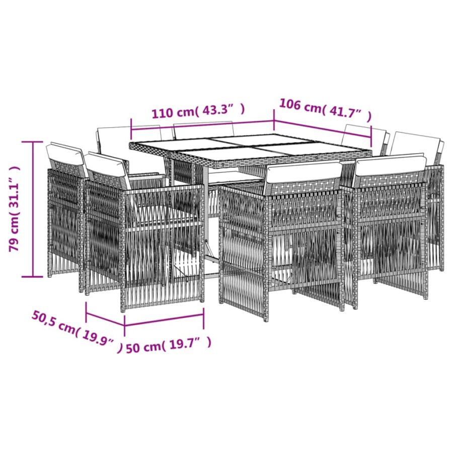 9-delige Tuinset met kussens poly rattan gemengd beige - Afbeelding 5