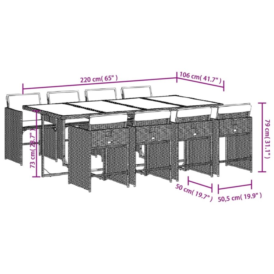 9-delige Tuinset met kussens poly rattan lichtgrijs - Afbeelding 9