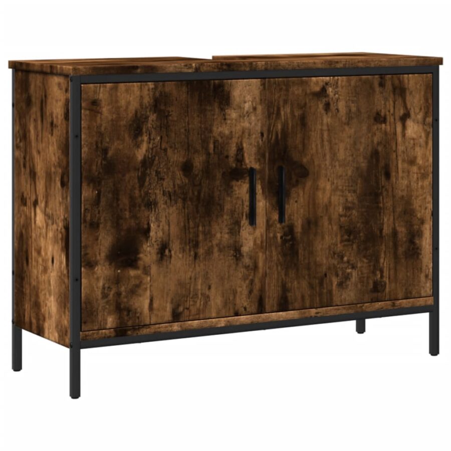 Badkamerkast 80x30x60 cm bewerkt hout gerookt eikenkleurig - Afbeelding 2