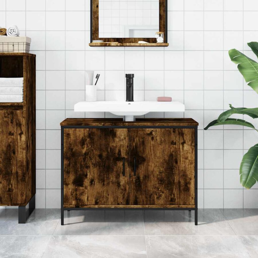 Badkamerkast 80x30x60 cm bewerkt hout gerookt eikenkleurig - Afbeelding 3