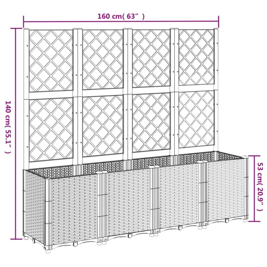 Plantenbak met latwerk 160x40x140 cm polypropeen lichtgrijs - Afbeelding 8