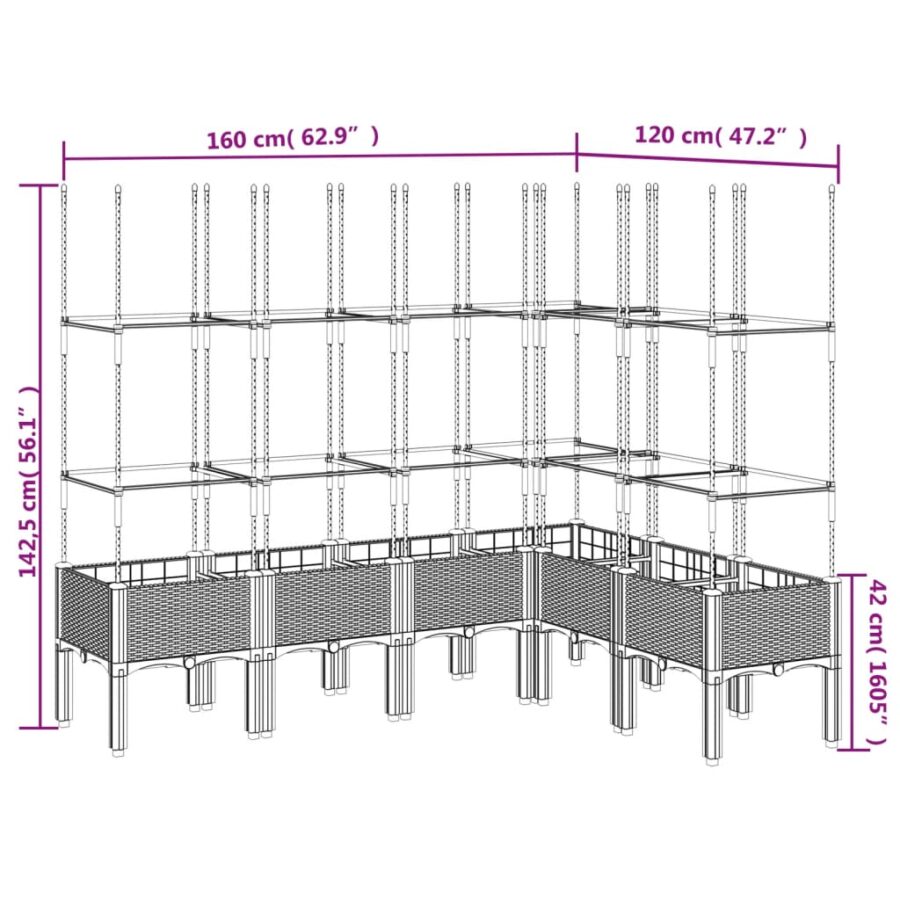 Plantenbak met latwerk 160x120x142,5 cm polypropeen lichtgrijs - Afbeelding 8