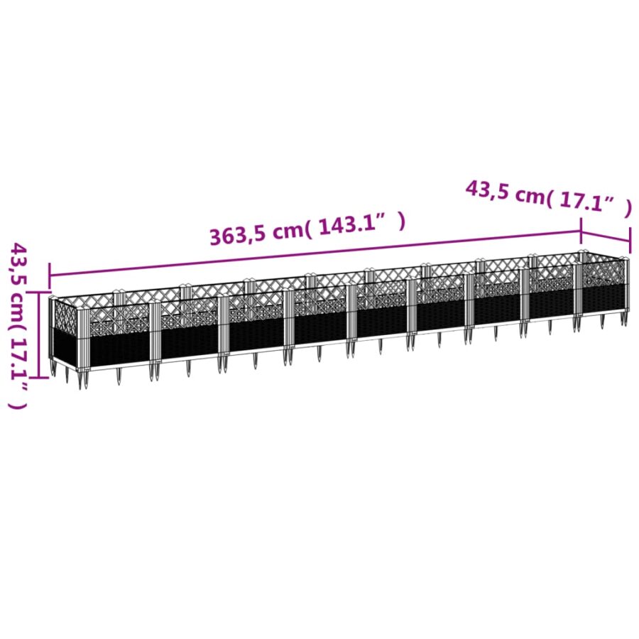 Plantenbak met pinnen 363,5x43,5x43,5 cm polypropeen grijs - Afbeelding 8
