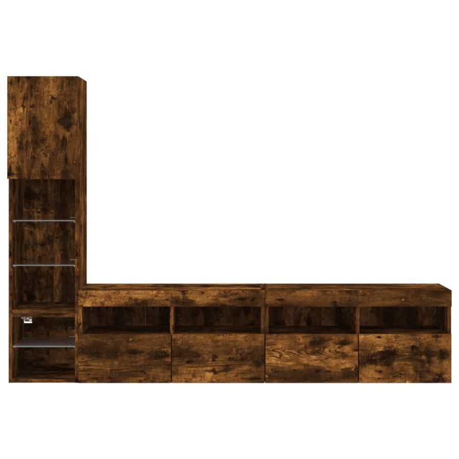 8-delige tv-wandmeubelset met LED bewerkt hout gerookt eiken - Afbeelding 7
