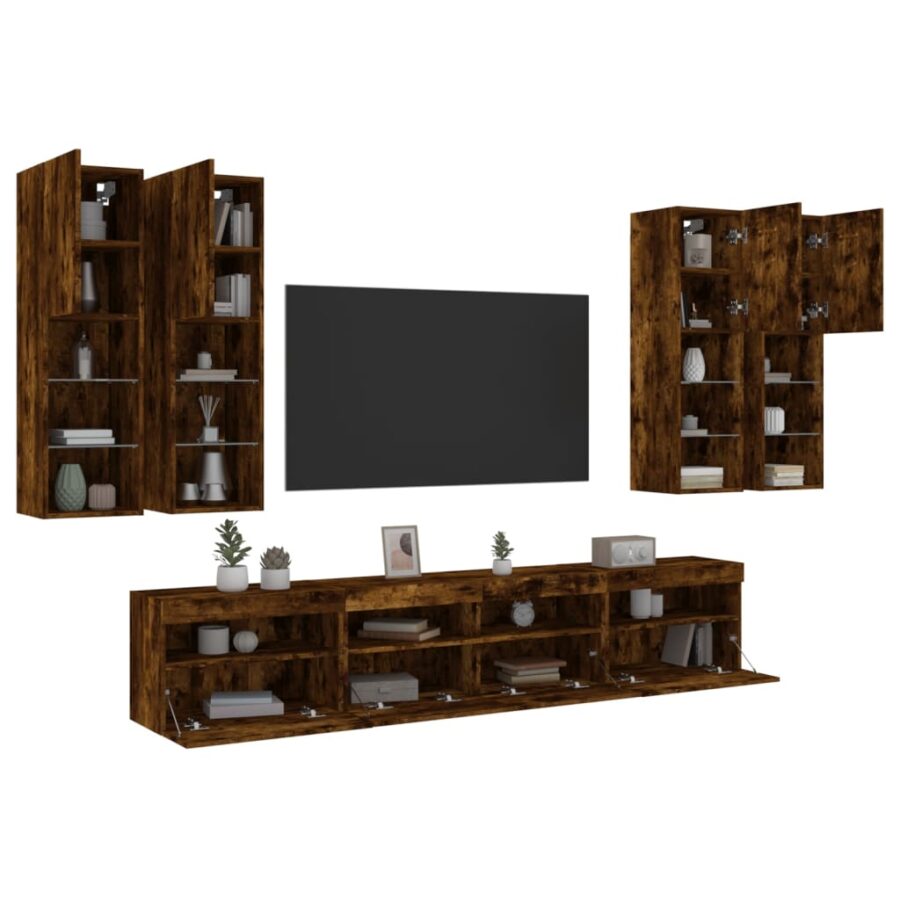 7-delige Tv-wandmeubelset met LED-verlichting gerookt eiken - Afbeelding 5