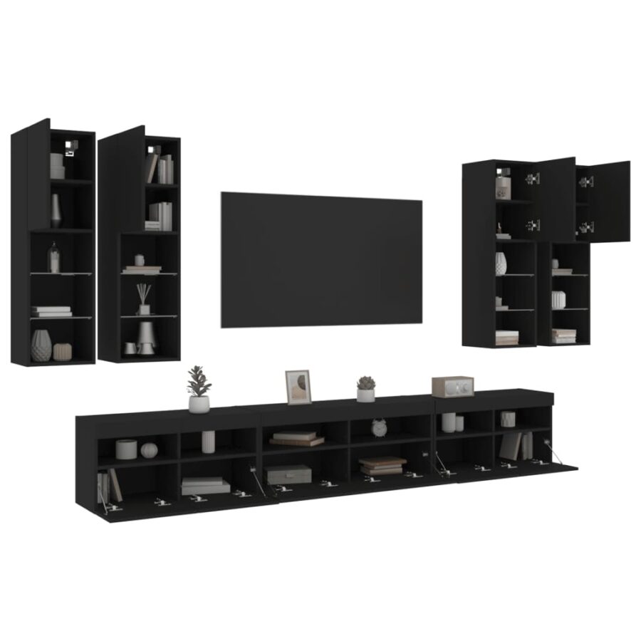 7-delige Tv-wandmeubelset met LED-verlichting zwart - Afbeelding 4