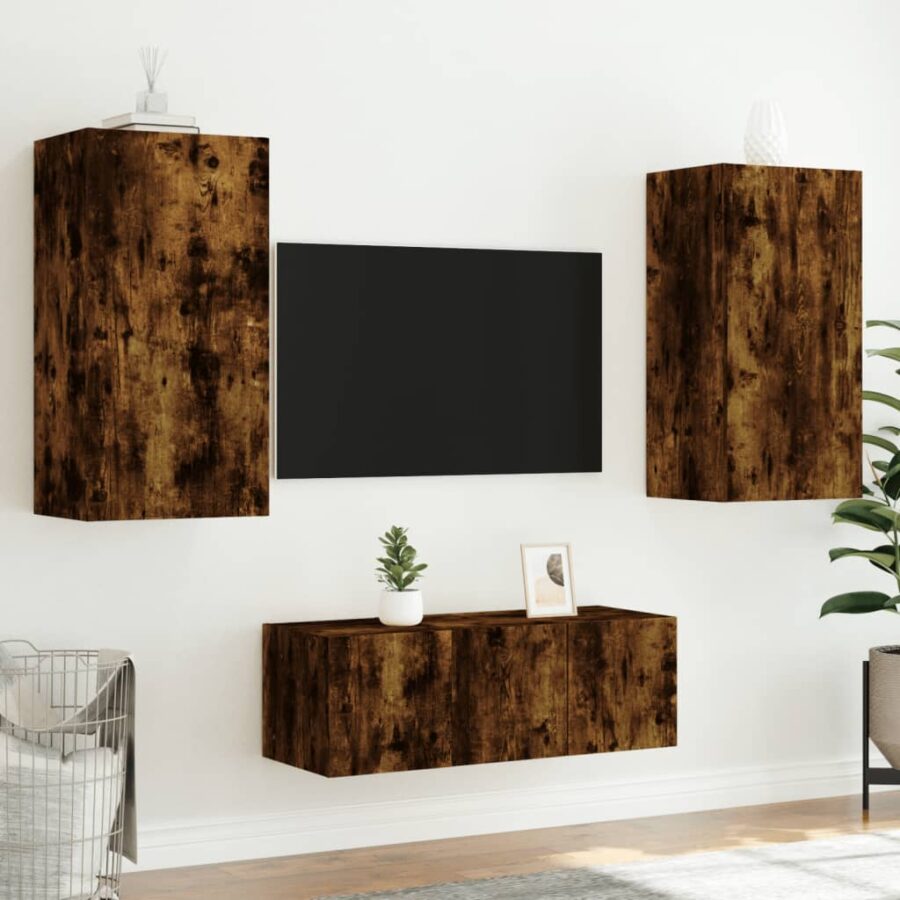 8-delige tv-wandmeubelset met LED bewerkt hout gerookt eiken - Afbeelding 4