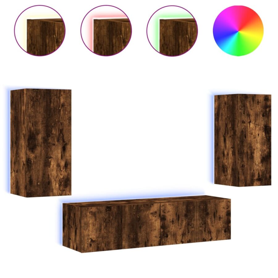 8-delige tv-wandmeubelset met LED bewerkt hout gerookt eiken - Afbeelding 2