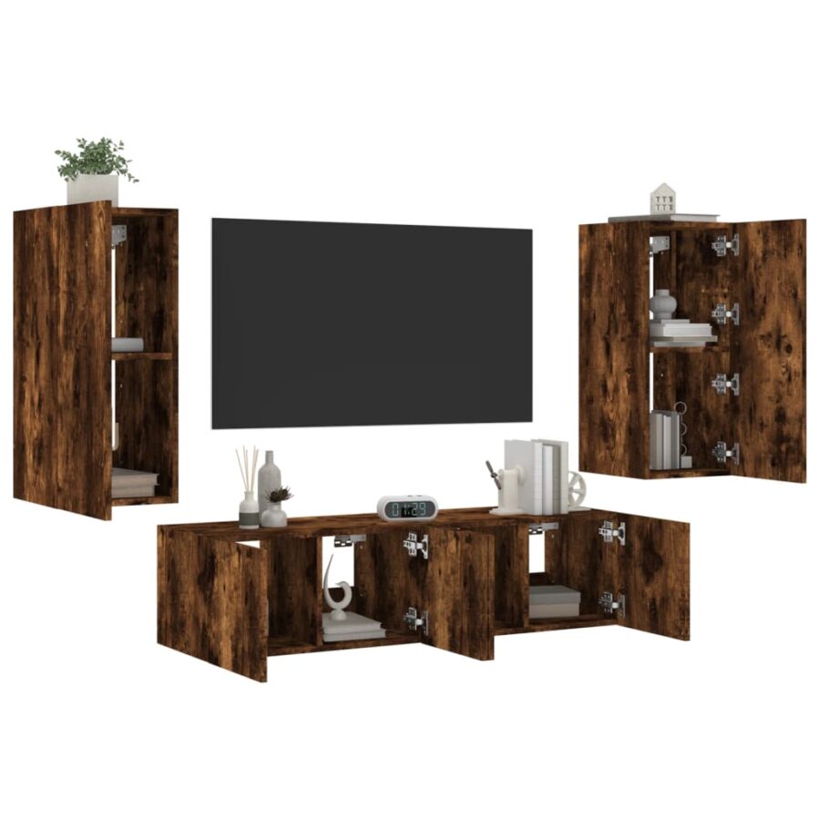 8-delige tv-wandmeubelset met LED bewerkt hout gerookt eiken - Afbeelding 5