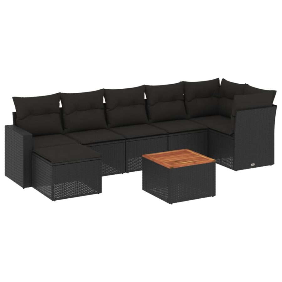 8-delige Loungeset met kussens poly rattan zwart - Afbeelding 2
