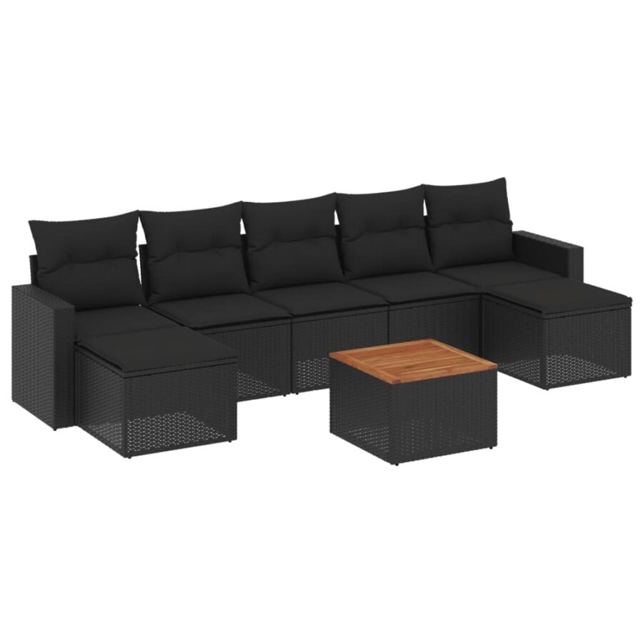 8-delige Loungeset met kussens poly rattan zwart - Afbeelding 2
