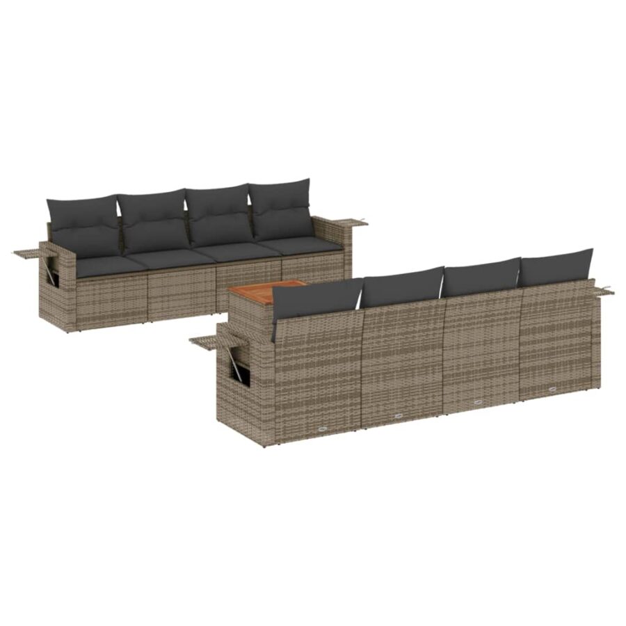 9-delige Loungeset met kussens poly rattan grijs - Afbeelding 2