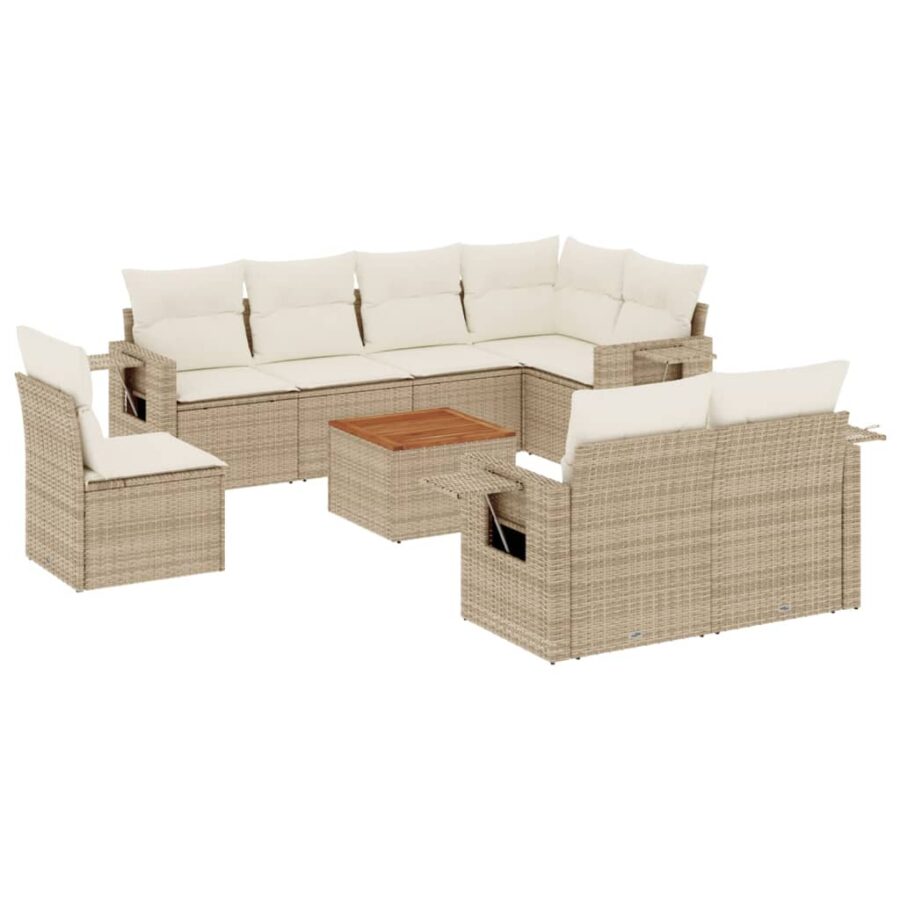 9-delige Loungeset met kussens poly rattan beige - Afbeelding 2