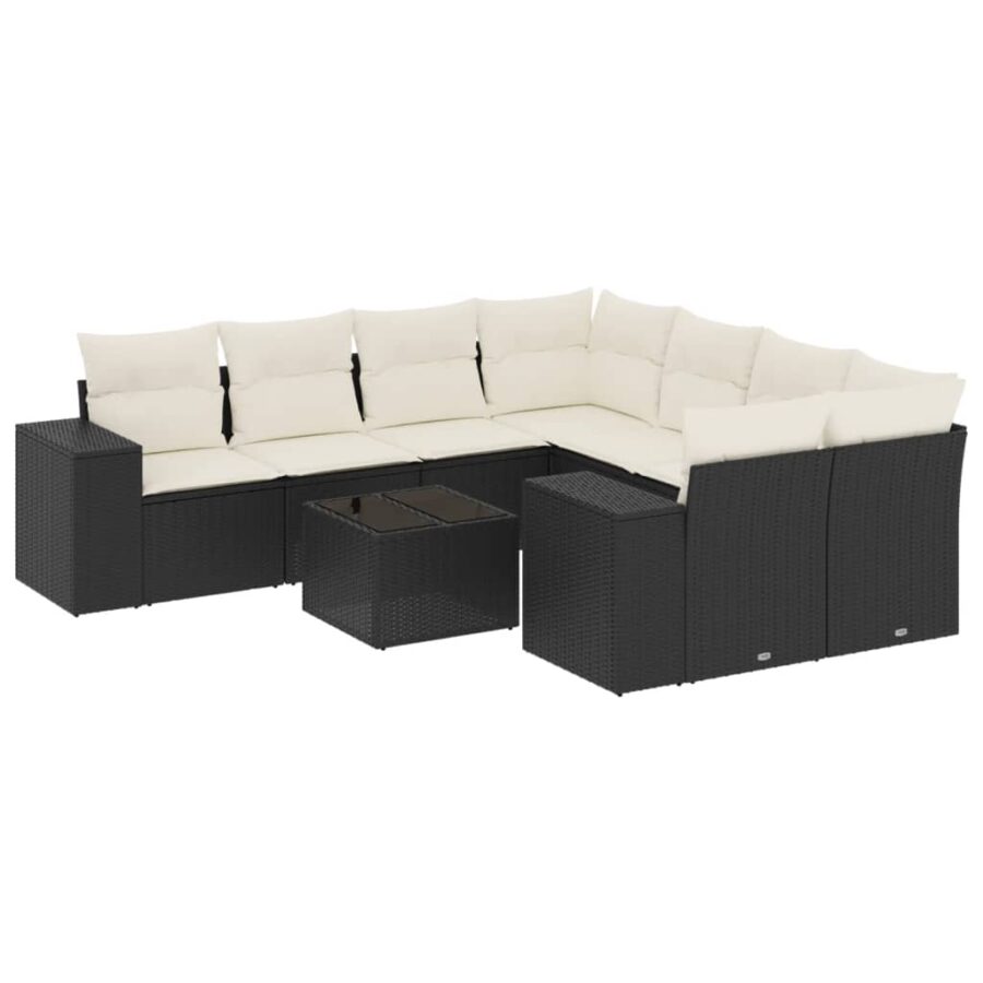9-delige Loungeset met kussens poly rattan zwart - Afbeelding 2