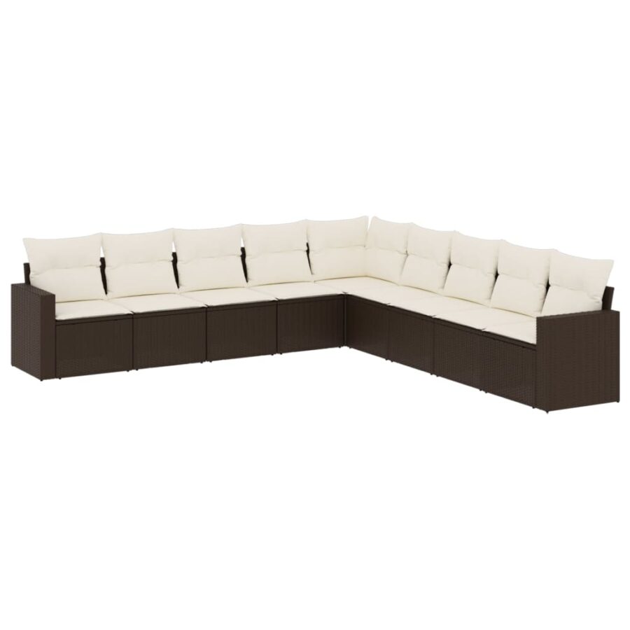 9-delige Loungeset met kussens poly rattan bruin - Afbeelding 2