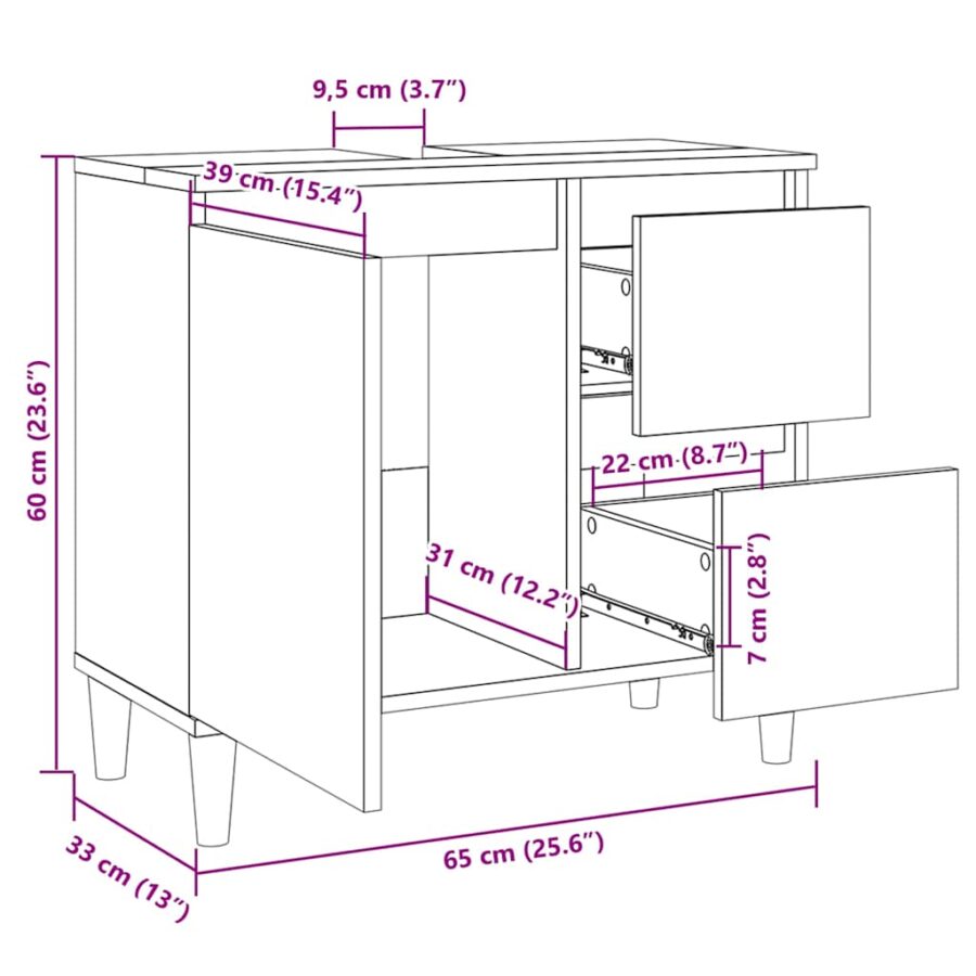 Badkamerkast 65x33x60 cm bewerkt hout sonoma eikenkleurig - Afbeelding 11