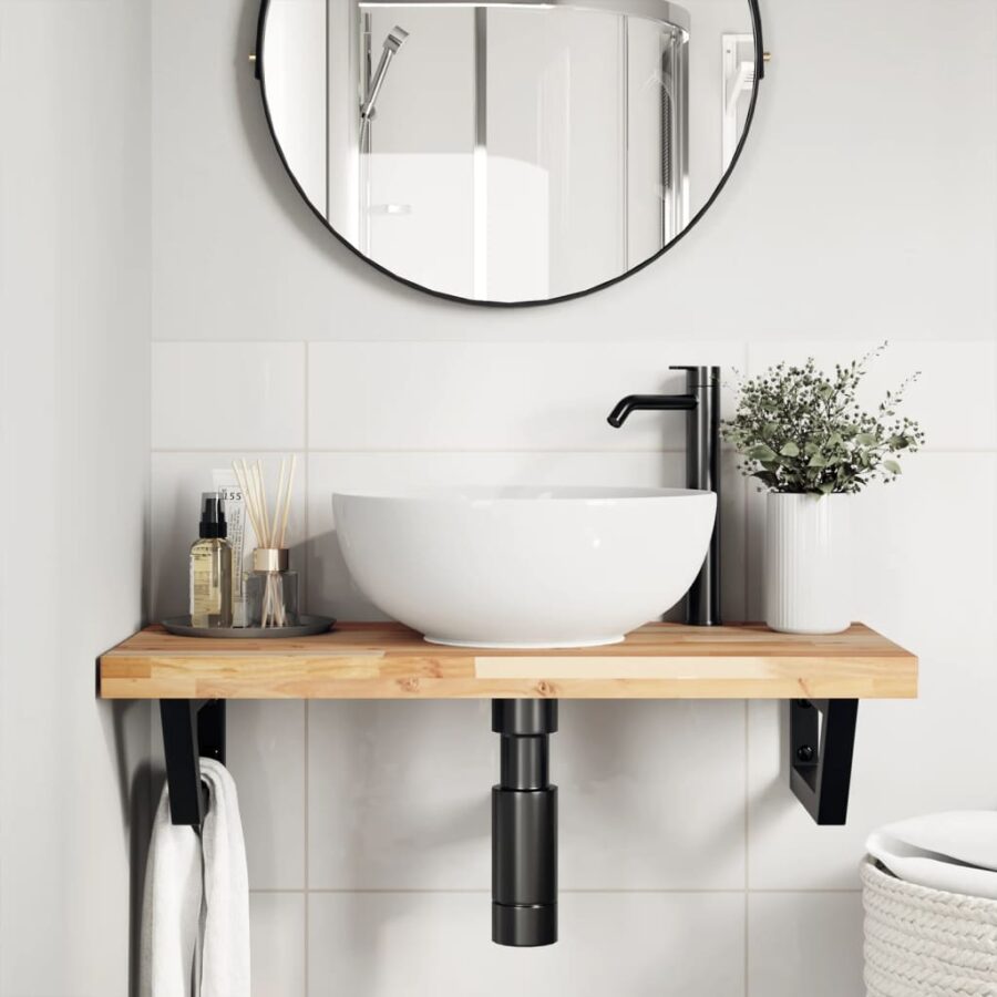 Badkamer wandschap staal en massief acaciahout - Afbeelding 3