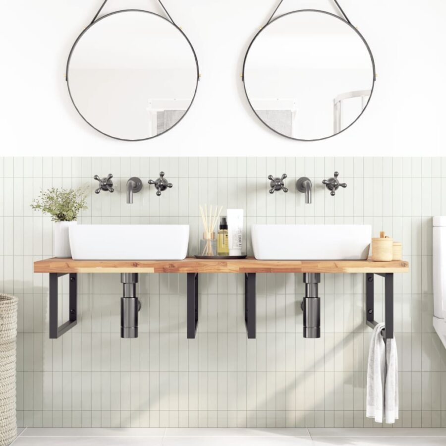 Badkamer wandschap staal en massief acaciahout - Afbeelding 3