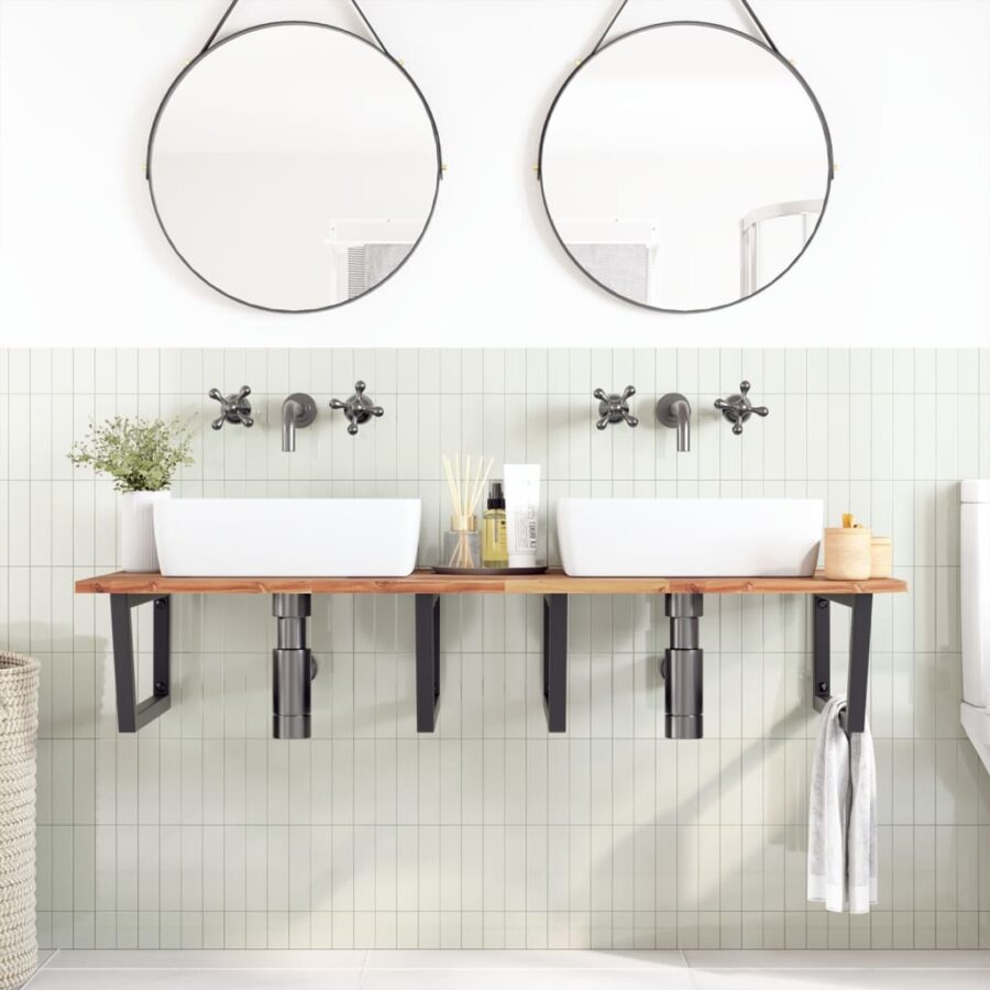 Badkamer wandschap staal en massief acaciahout - Afbeelding 3