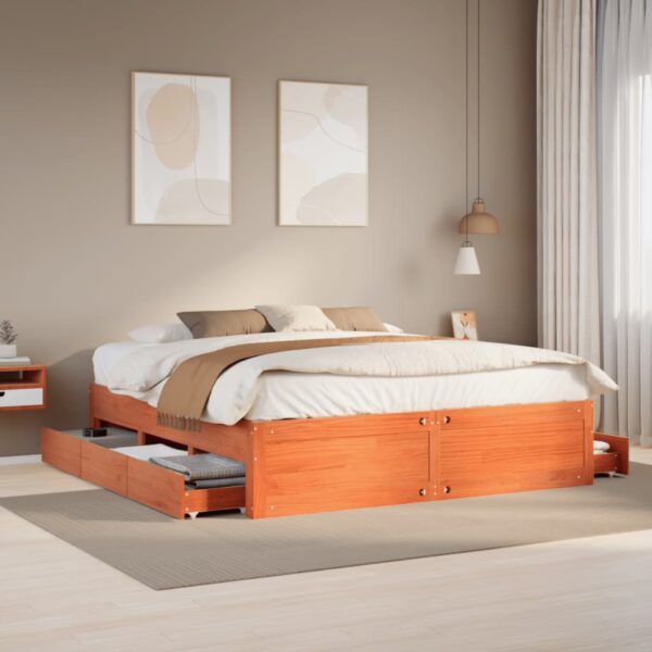 Bedframe zonder matras met lades grenenhout wasbruin 200x200 cm