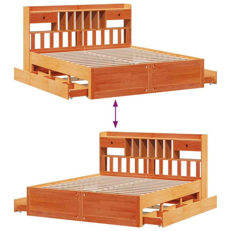 Bed met boekenkast zonder matras grenenhout wasbruin 200x200 cm - Afbeelding 12