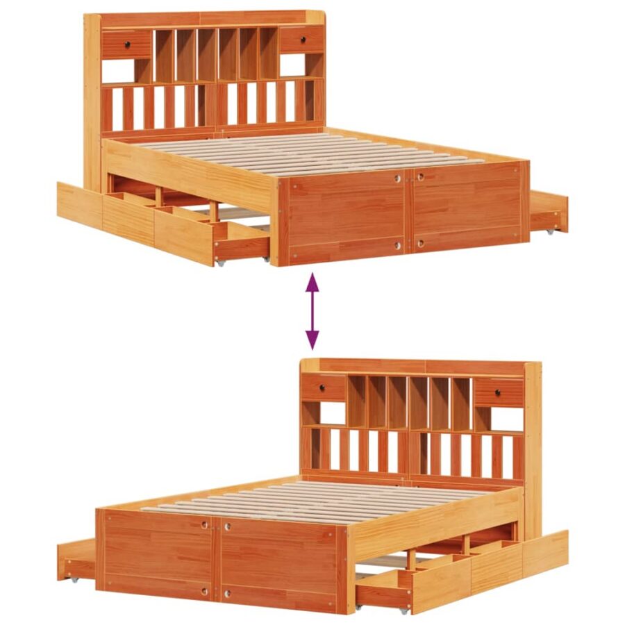 Bed met boekenkast zonder matras grenenhout wasbruin 140x200 cm - Afbeelding 12