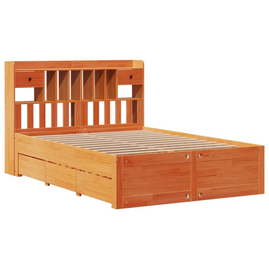 Bed met boekenkast zonder matras grenenhout wasbruin 140x190 cm - Afbeelding 3