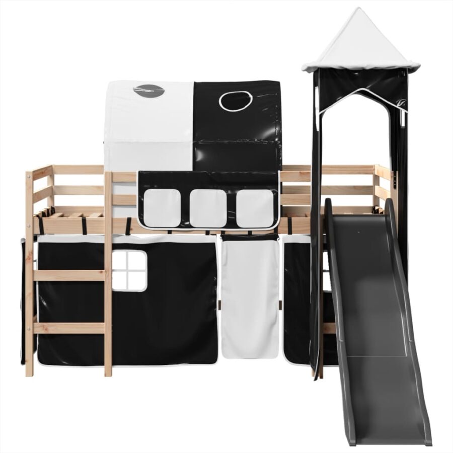 Kinderhoogslaper met toren 90x200 cm grenenhout wit en zwart - Afbeelding 6