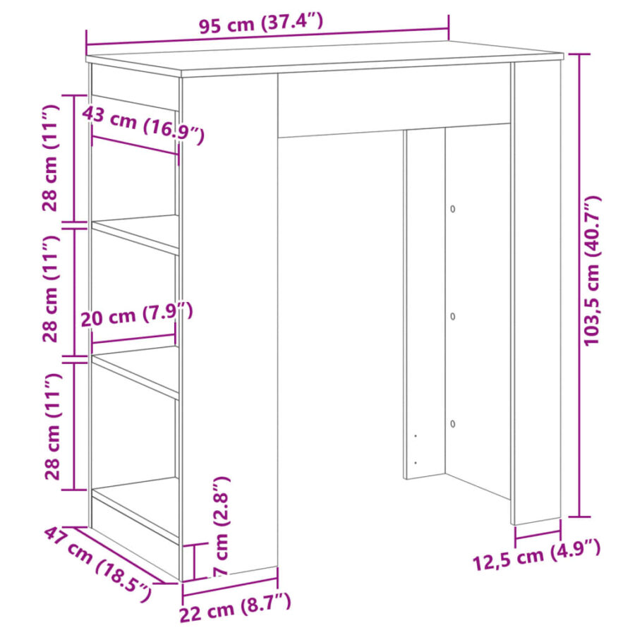 Bartafel met rekken 95x47x103,5 cm bewerkt hout wit - Afbeelding 9