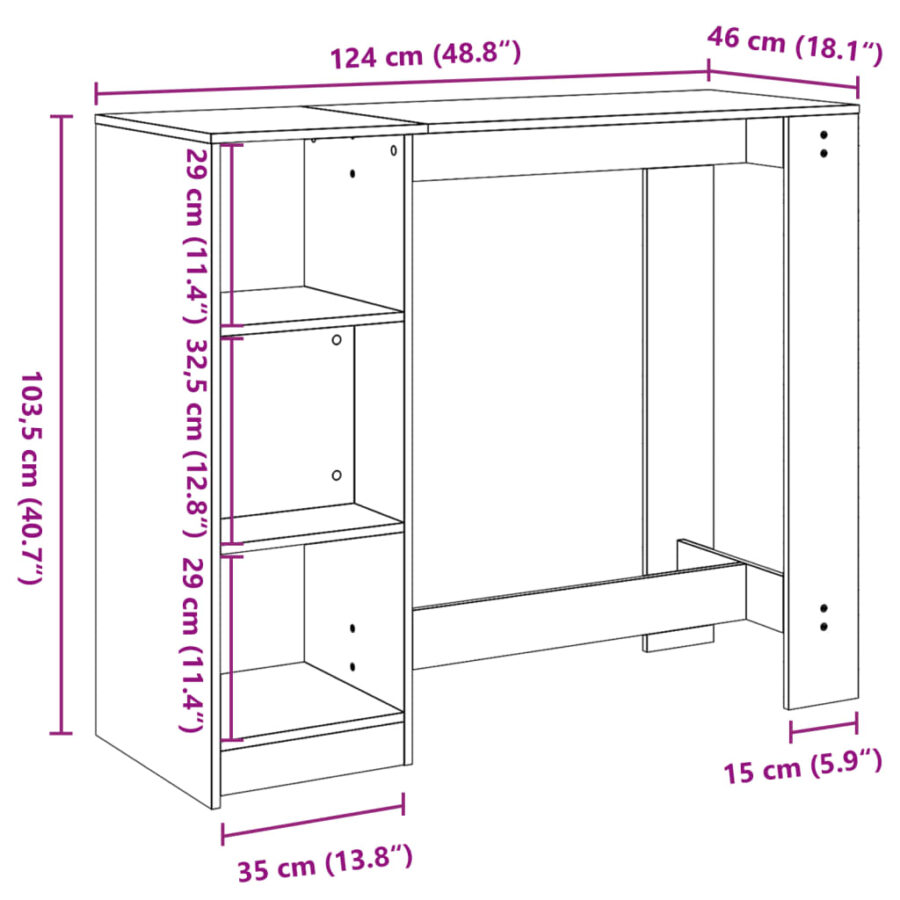 Bartafel met schap 124x46x103,5 cm bewerkt hout betongrijs - Afbeelding 9