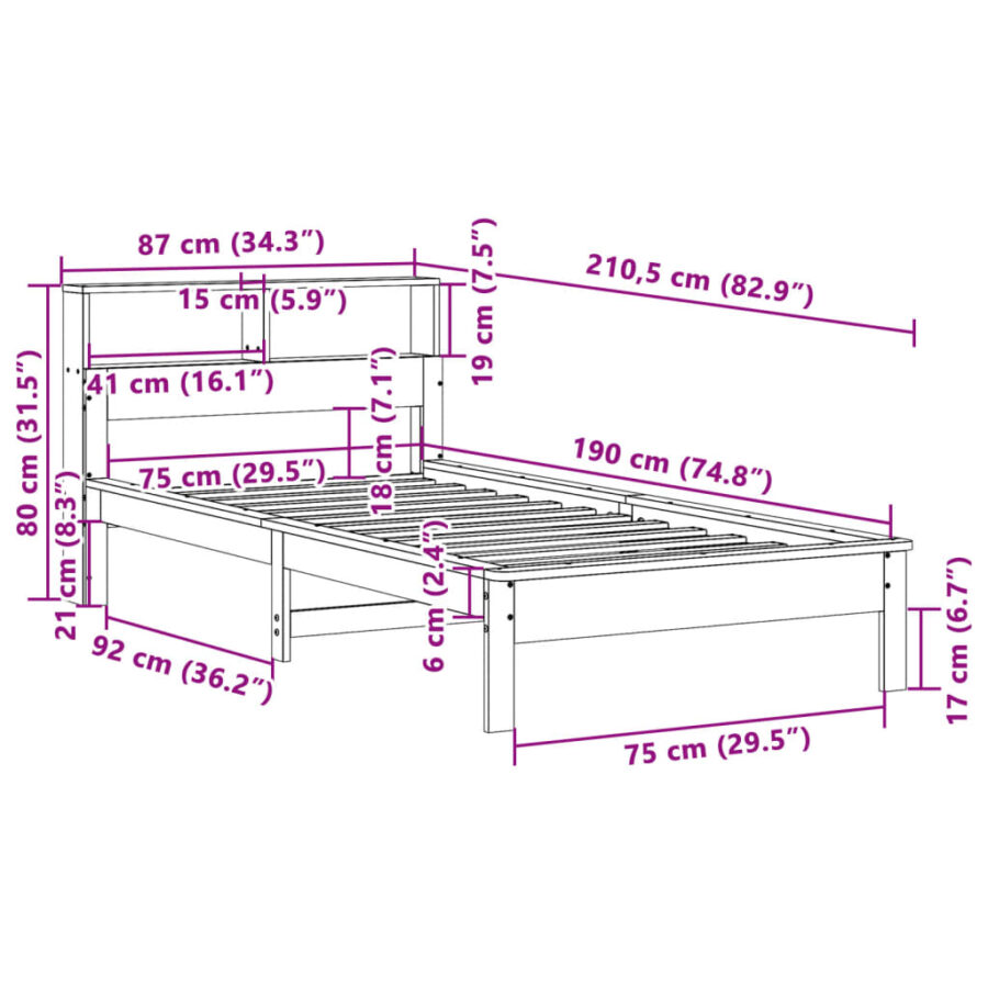 Bed met boekenkast zonder matras grenenhout wit 75x190 cm - Afbeelding 9