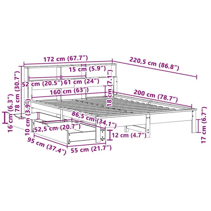 Bed met boekenkast zonder matras grenenhout wit 160x200 cm - Afbeelding 12