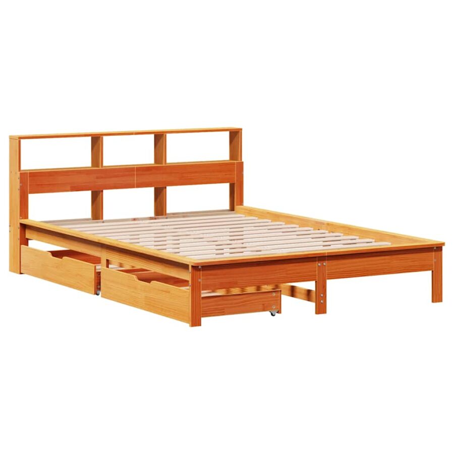 Bed met boekenkast zonder matras grenenhout wasbruin 140x200 cm - Afbeelding 3