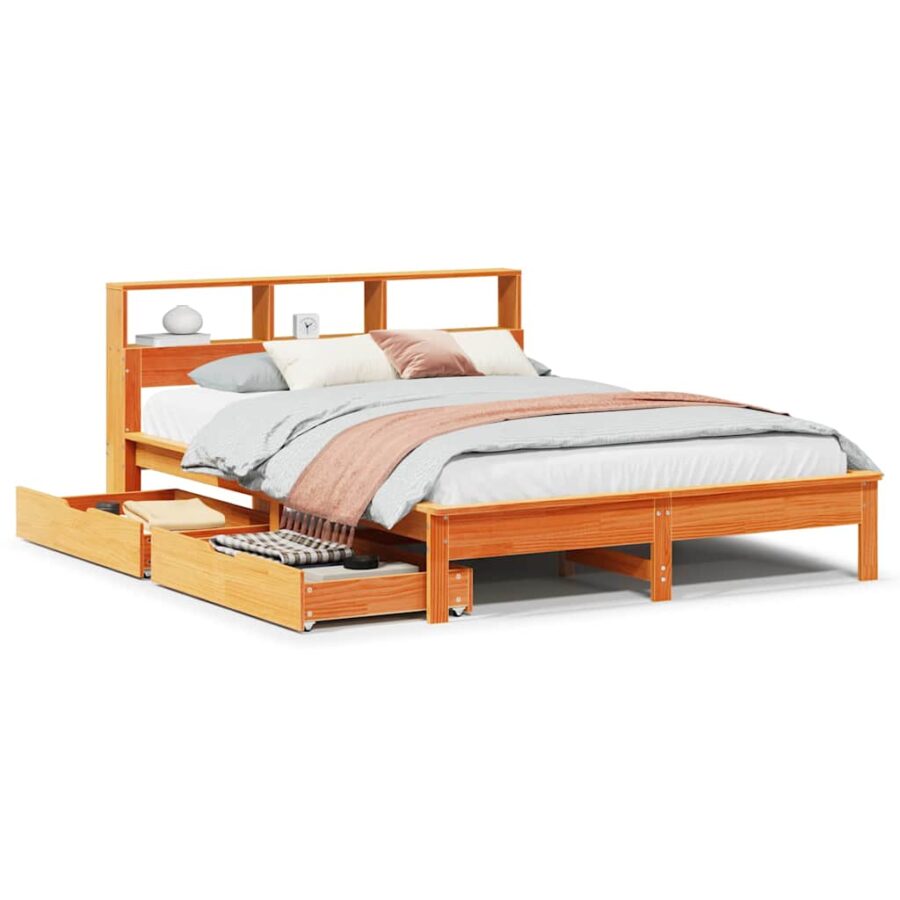 Bed met boekenkast zonder matras grenenhout wasbruin 120x200 cm - Afbeelding 2