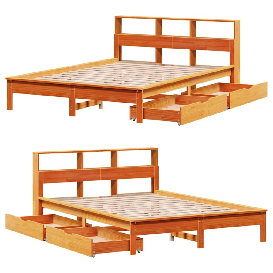 Bed met boekenkast zonder matras grenenhout wasbruin 120x200 cm - Afbeelding 9