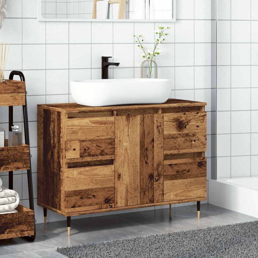 Badkamerkast 80x33x60 cm bewerkt hout oud houtkleurig - Afbeelding 3