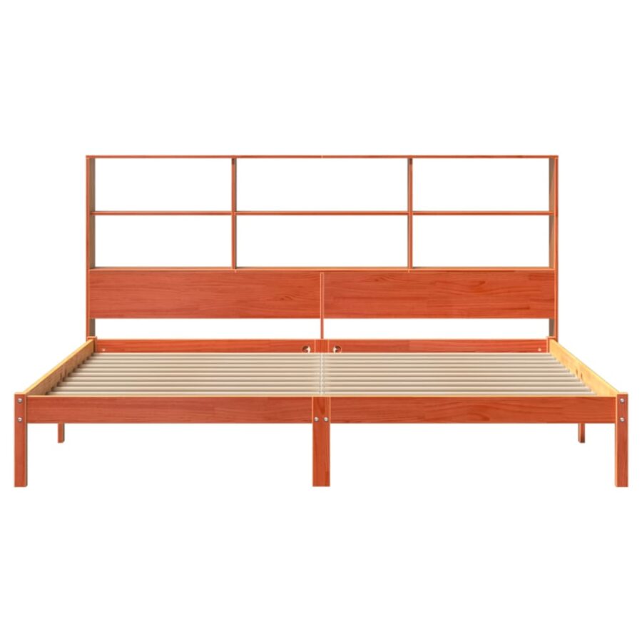 Bed met boekenkast zonder matras grenenhout wasbruin 200x200 cm - Afbeelding 4