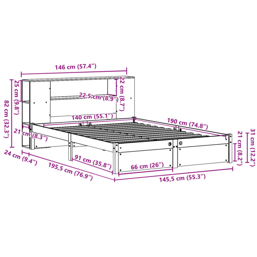 Bed met boekenkast zonder matras grenenhout wit 140x190 cm - Afbeelding 11