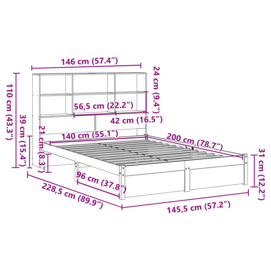 Bed met boekenkast zonder matras massief grenenhout 140x200 cm - Afbeelding 11