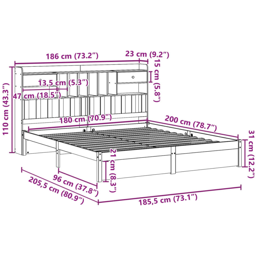 Bed met boekenkast zonder matras grenenhout wit 180x200 cm - Afbeelding 11