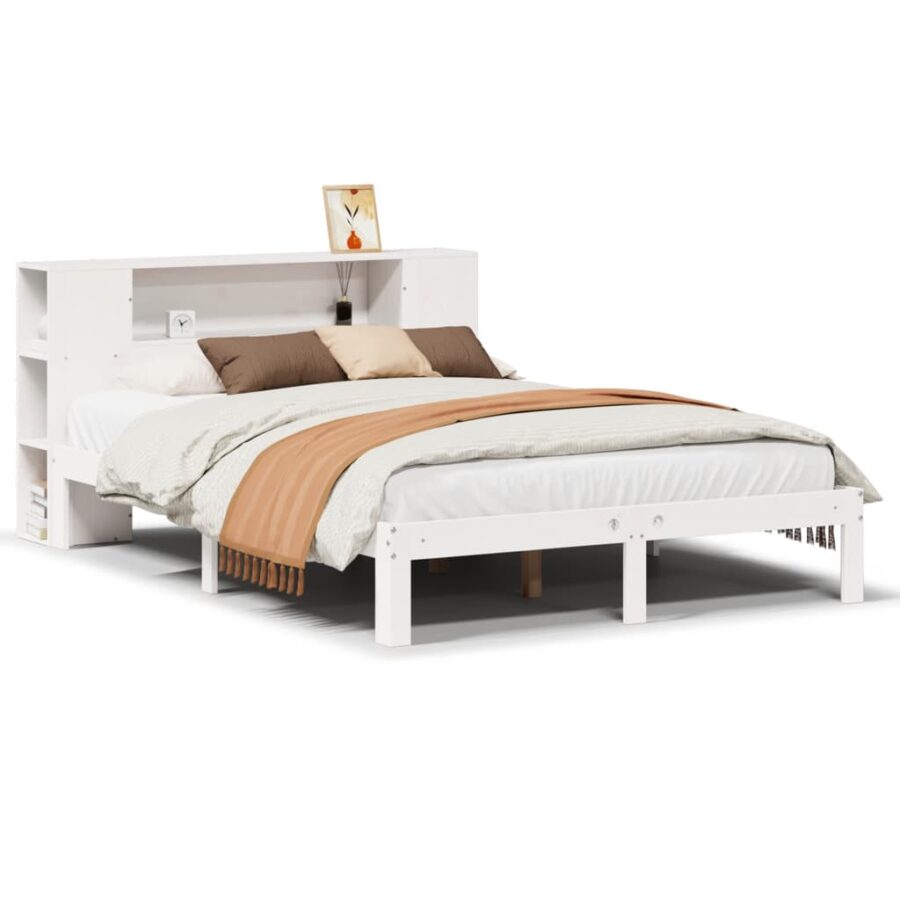 Bed met boekenkast zonder matras grenenhout wit 150x200 cm - Afbeelding 2
