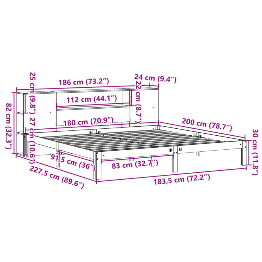 Bed met boekenkast zonder matras grenenhout wasbruin 180x200 cm - Afbeelding 11