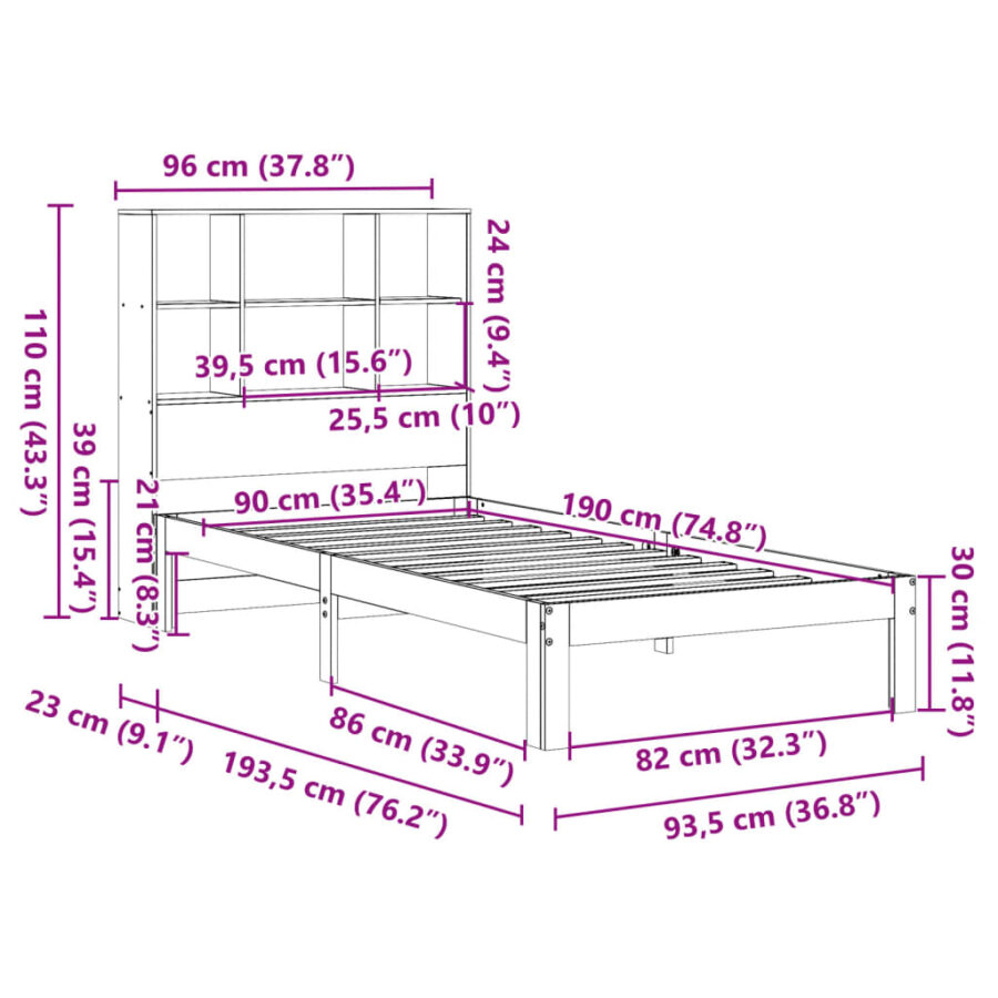 Bed met boekenkast zonder matras grenenhout wasbruin 90x190 cm - Afbeelding 11