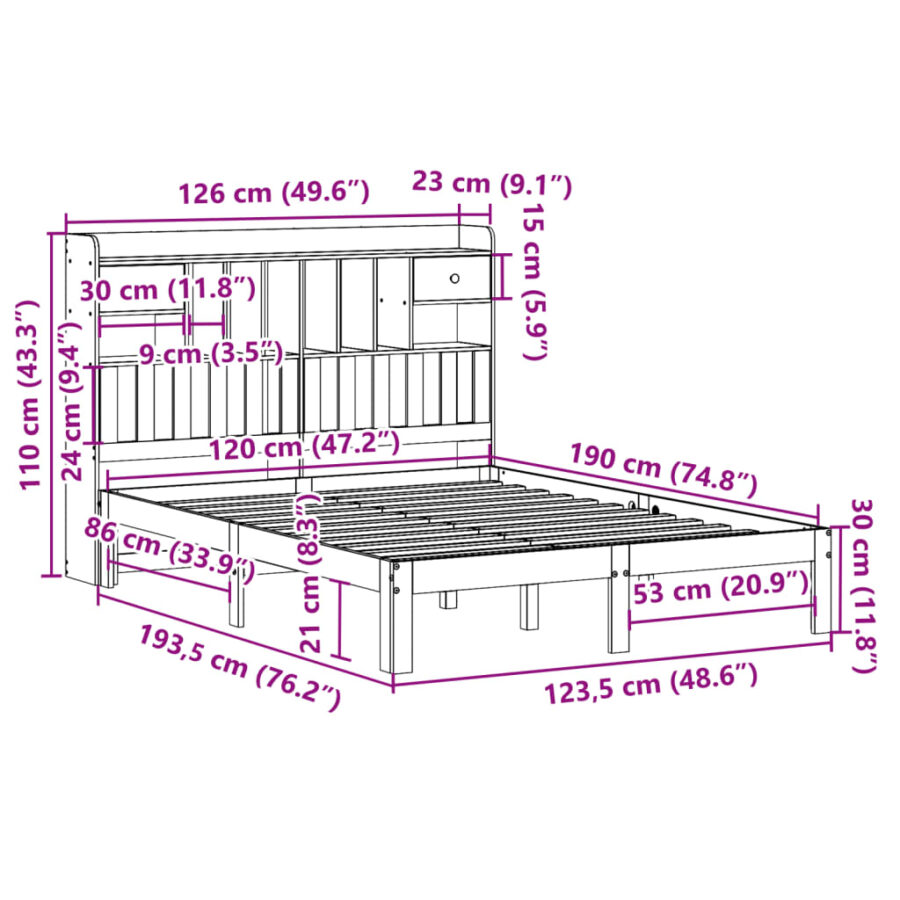 Bed met boekenkast zonder matras massief grenenhout 120x190 cm - Afbeelding 11